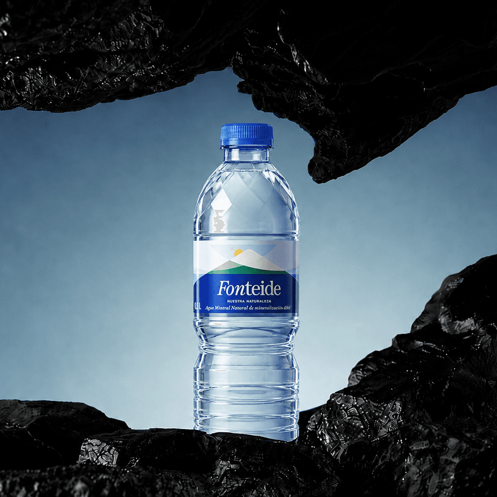 Botella de agua mineral natural Fonteide de 0,5 L entre rocas volcánicas