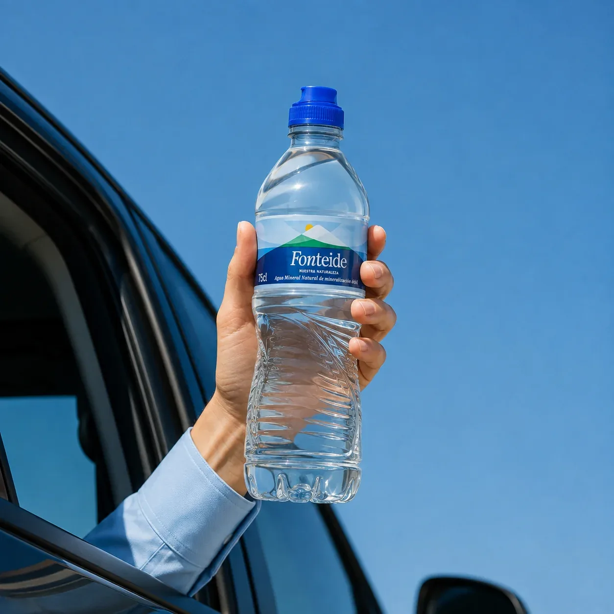 Mano sosteniendo una botella de 75 cl de agua mineral natural Fonteide sin gas desde la ventanilla de un coche